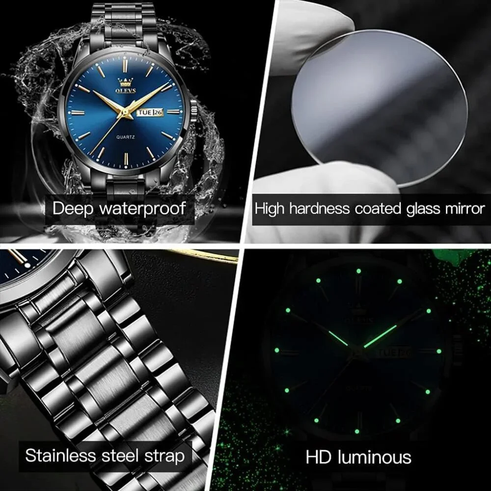 Olevs Men's Black Steel Blue-Dial Waterproof Stainless Luminous Stylish Watch